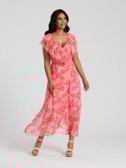 South Beach Pink Chiffon Print Frill Neck Wrap Midi Dress - Image 3 of 4