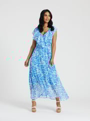 South Beach Blue Chiffon Print Frill Neck Wrap Midi Dress - Image 1 of 5