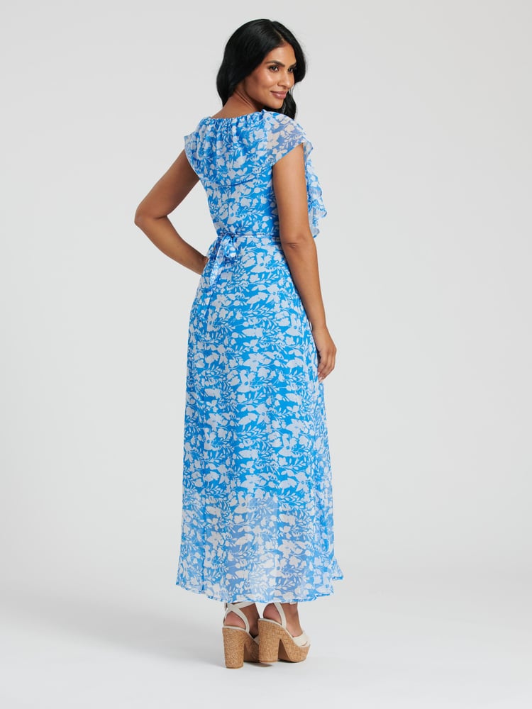 South Beach Blue Chiffon Print Frill Neck Wrap Midi Dress - Image 2 of 5