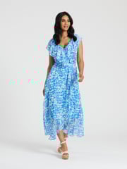 South Beach Blue Chiffon Print Frill Neck Wrap Midi Dress - Image 4 of 5