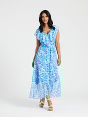 South Beach Blue Chiffon Print Frill Neck Wrap Midi Dress - Image 5 of 5
