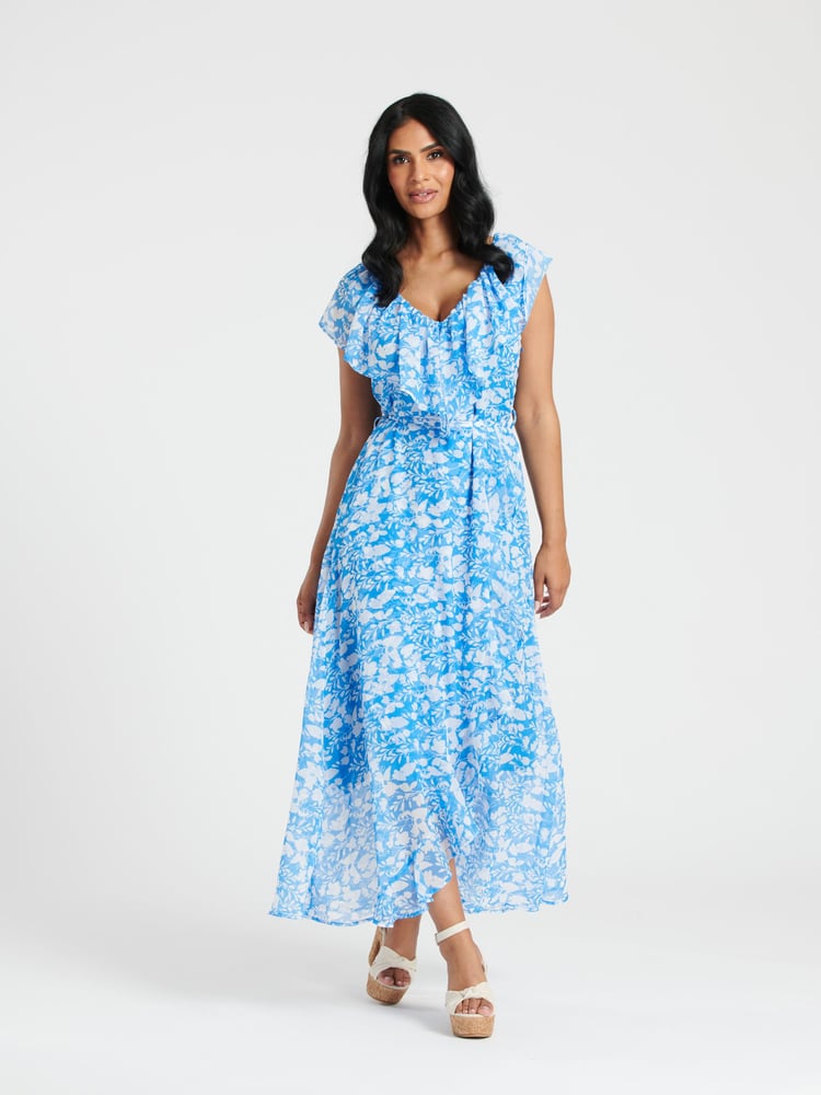 South Beach Blue Chiffon Print Frill Neck Wrap Midi Dress - Image 5 of 5