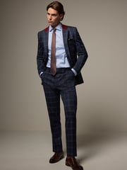 Navy Blue Tailored Fit Check Flannel Suit Trousers - Image 2 of 3
