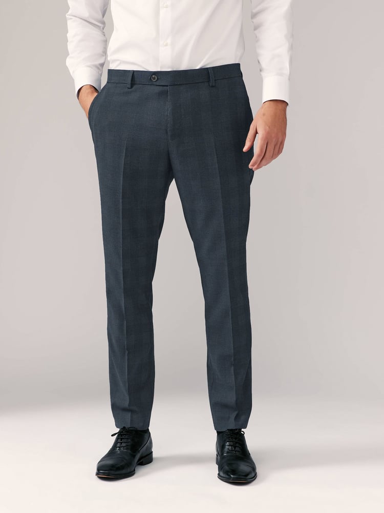 Navy Blue Slim Fit Check Suit Trousers - Image 1 of 9