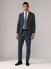 Navy Blue Slim Fit Check Suit Trousers - Image 3 of 9
