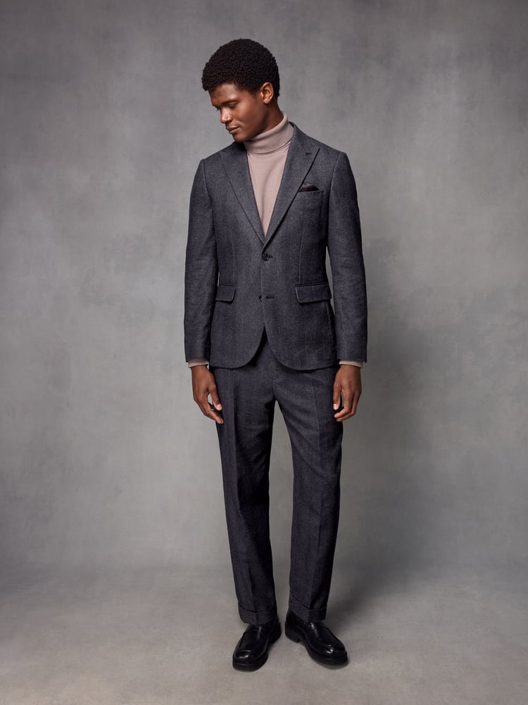 Navy Blue Wool Blend Herringbone Suit Trousers - Image 2 of 9