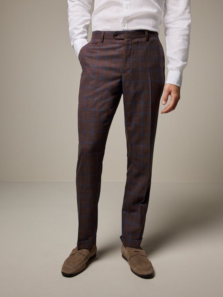 Rust Brown Tailored Fit Trimmed Check Suit Trousers - Image 1 of 9