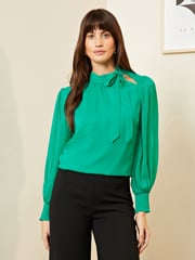 Love & Roses Green Long Sleeve Tie Neck Shirred Cuff Blouse - Image 1 of 4