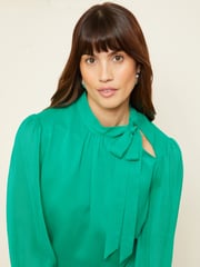Love & Roses Green Long Sleeve Tie Neck Shirred Cuff Blouse - Image 2 of 4