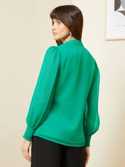 Love & Roses Green Long Sleeve Tie Neck Shirred Cuff Blouse - Image 3 of 4