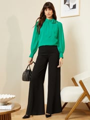 Love & Roses Green Long Sleeve Tie Neck Shirred Cuff Blouse - Image 4 of 4
