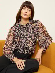 Love & Roses Black Animal Long Sleeve Tie Neck Shirred Cuff Blouse - Image 1 of 4
