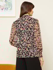 Love & Roses Black Animal Long Sleeve Tie Neck Shirred Cuff Blouse - Image 3 of 4