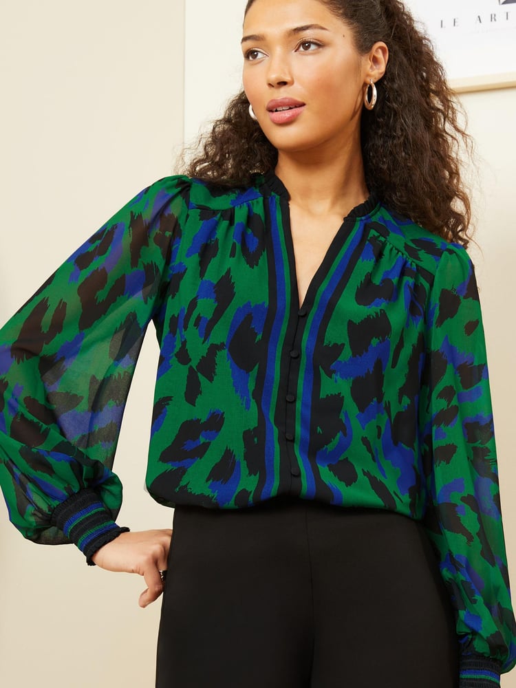 Love & Roses Green Animal Printed V Neck Puff Sleeve Blouse - Image 1 of 4