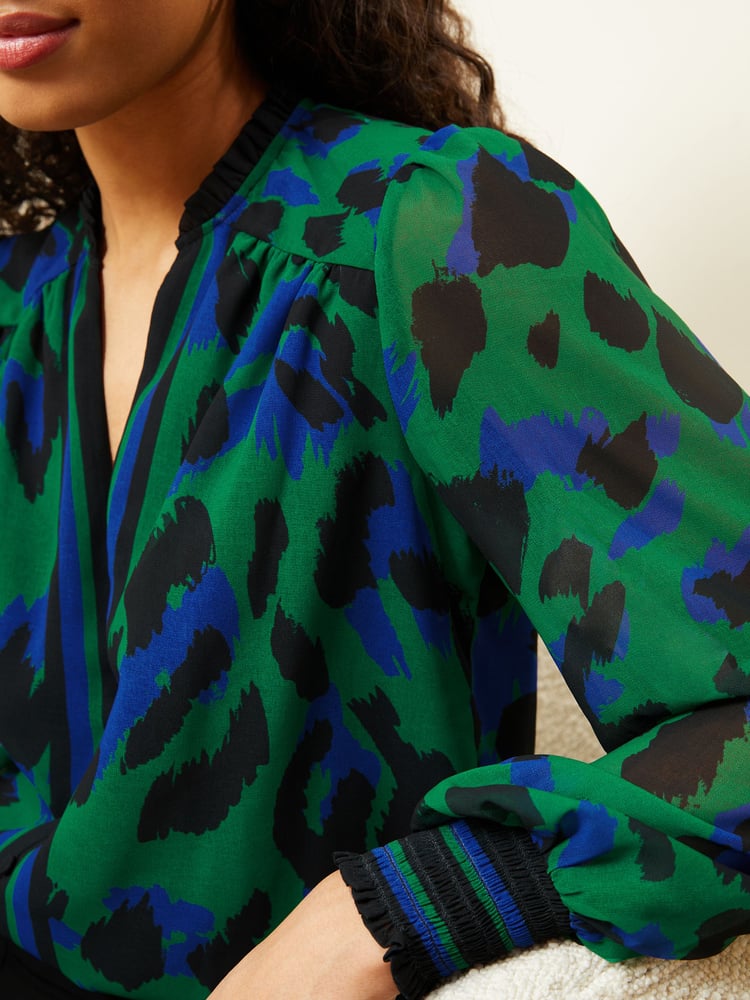Love & Roses Green Animal Printed V Neck Puff Sleeve Blouse - Image 2 of 4