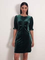 Emerald Green Velvet Puff Sleeve Ruched Detail Mini Dress - Image 1 of 6