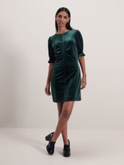 Emerald Green Velvet Puff Sleeve Ruched Detail Mini Dress - Image 2 of 6
