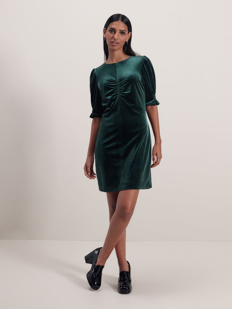 Emerald Green Velvet Puff Sleeve Ruched Detail Mini Dress - Image 2 of 6