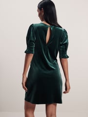 Emerald Green Velvet Puff Sleeve Ruched Detail Mini Dress - Image 3 of 6