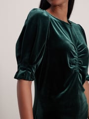 Emerald Green Velvet Puff Sleeve Ruched Detail Mini Dress - Image 4 of 6