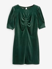 Emerald Green Velvet Puff Sleeve Ruched Detail Mini Dress - Image 5 of 6