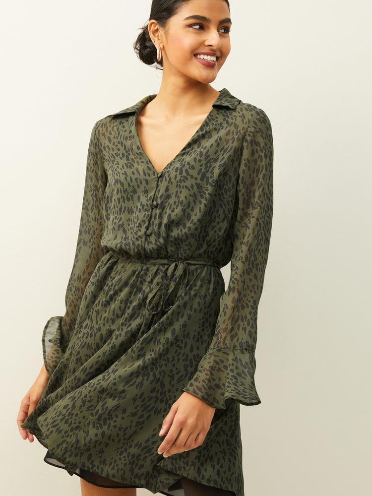 Green Animal Print Long Flutter Sleeve Mini Dress - Image 1 of 5
