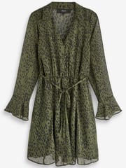 Green Animal Print Long Flutter Sleeve Mini Dress - Image 4 of 5