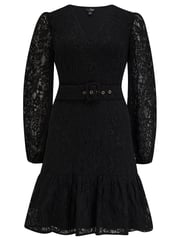 Pour Moi Black Corded Lace Fitted Lorena Dress with Belt - Image 3 of 4
