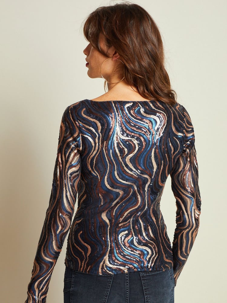 Wavy Navy Sequin Long Sleeve Asymmetric Party Top - Image 1 of 6 Wavy Navy Sequin Long Sleeve Asymmetric Party Top - Image 1 of 6