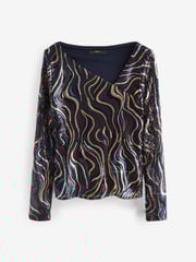 Wavy Navy Sequin Long Sleeve Asymmetric Party Top - Image 2 of 6