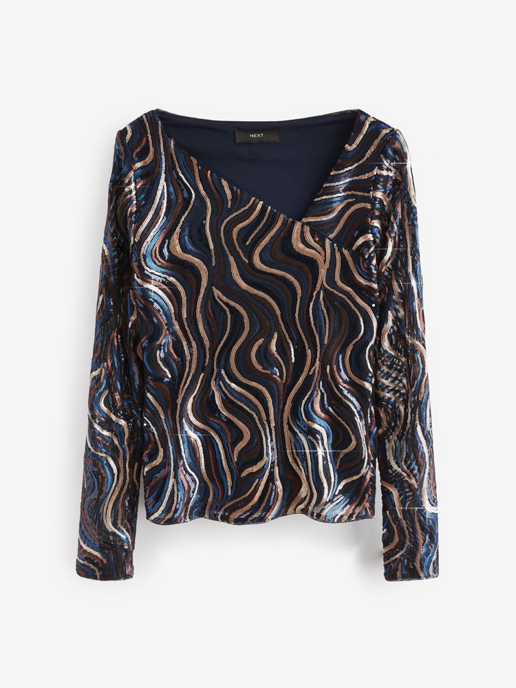 Wavy Navy Sequin Long Sleeve Asymmetric Party Top - Image 2 of 6 Wavy Navy Sequin Long Sleeve Asymmetric Party Top - Image 2 of 6
