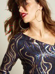 Wavy Navy Sequin Long Sleeve Asymmetric Party Top - Image 4 of 6
