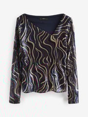 Wavy Navy Sequin Long Sleeve Asymmetric Party Top - Image 5 of 6