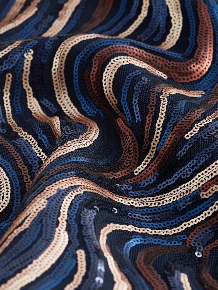 Wavy Navy Sequin Long Sleeve Asymmetric Party Top - Image 6 of 6