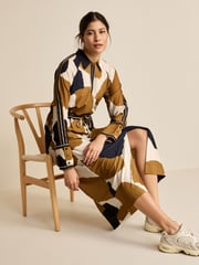 Black/Brown/Ecru Cream Cow Print Long Sleeve Column Midi Dress - Image 1 of 6