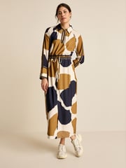 Black/Brown/Ecru Cream Cow Print Long Sleeve Column Midi Dress - Image 2 of 6