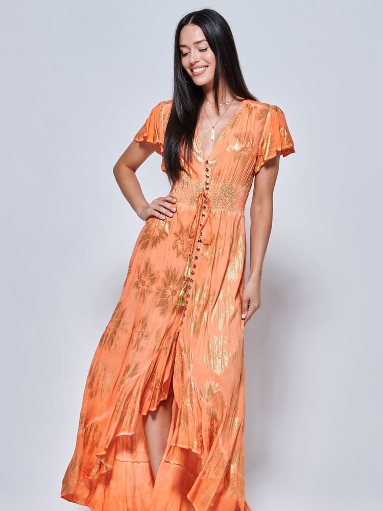 Jolie Moi Orange Angel Sleeve Button Front Holiday Maxi Dress - Image 1 of 5