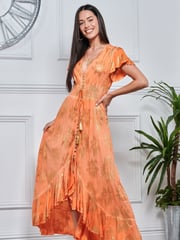 Jolie Moi Orange Angel Sleeve Button Front Holiday Maxi Dress - Image 3 of 5