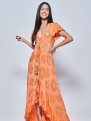 Jolie Moi Orange Angel Sleeve Button Front Holiday Maxi Dress - Image 4 of 5