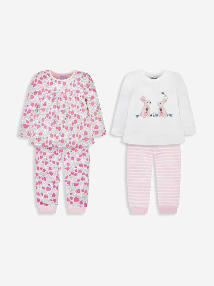 JoJo Maman Bébé Pink Girls' 2-Pack Strawberry Jersey Pyjamas - Image 1 of 12