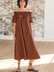 Chocolate Brown Bardot Frill Midi Poplin Dress - Image 1 of 4