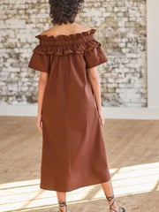 Chocolate Brown Bardot Frill Midi Poplin Dress - Image 2 of 4
