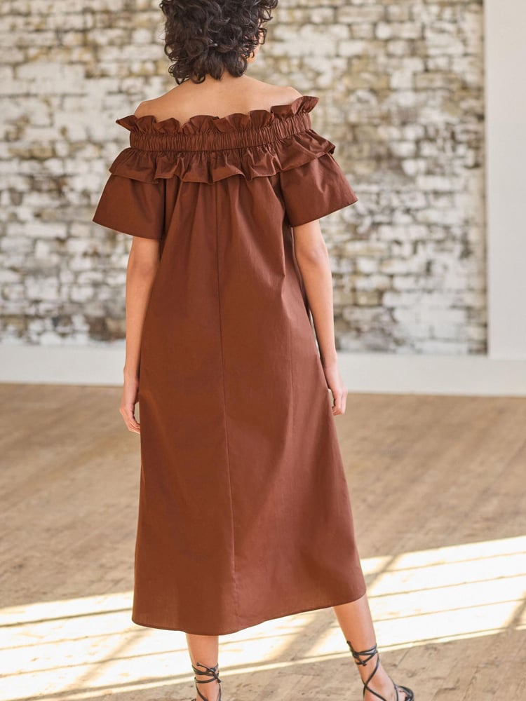 Chocolate Brown Bardot Frill Midi Poplin Dress - Image 2 of 4