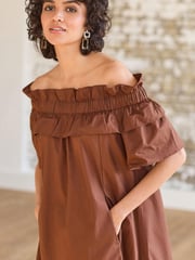 Chocolate Brown Bardot Frill Midi Poplin Dress - Image 3 of 4
