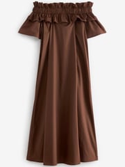 Chocolate Brown Bardot Frill Midi Poplin Dress - Image 4 of 4