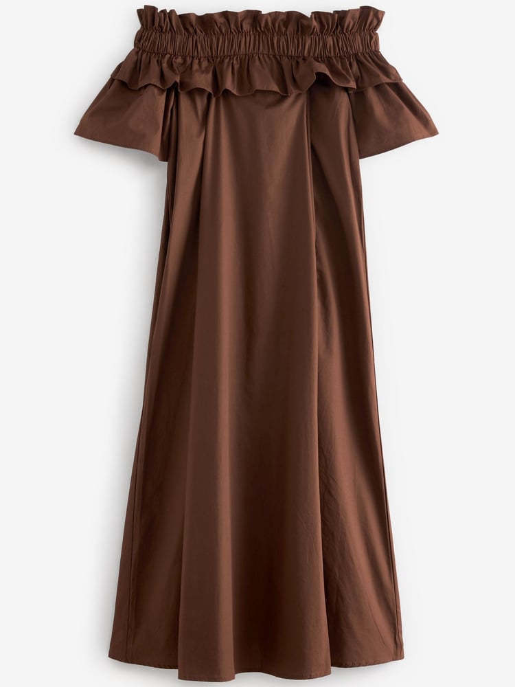 Chocolate Brown Bardot Frill Midi Poplin Dress - Image 4 of 4