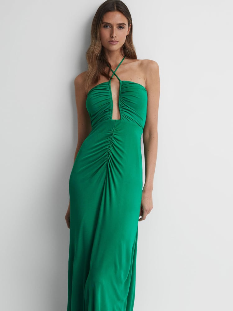 Reiss Green Lana Plunge Halter Neck Maxi Dress - Image 1 of 5