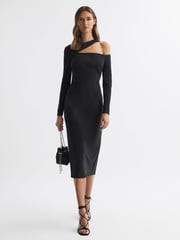 Reiss Black Tiffany Bodycon Off-The-Shoulder Midi Dress - Image 1 of 4