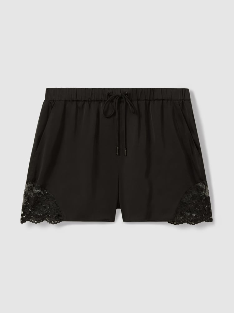 Reiss Black Clarissa Viscose Satin Lace Trim Shorts - Image 2 of 6