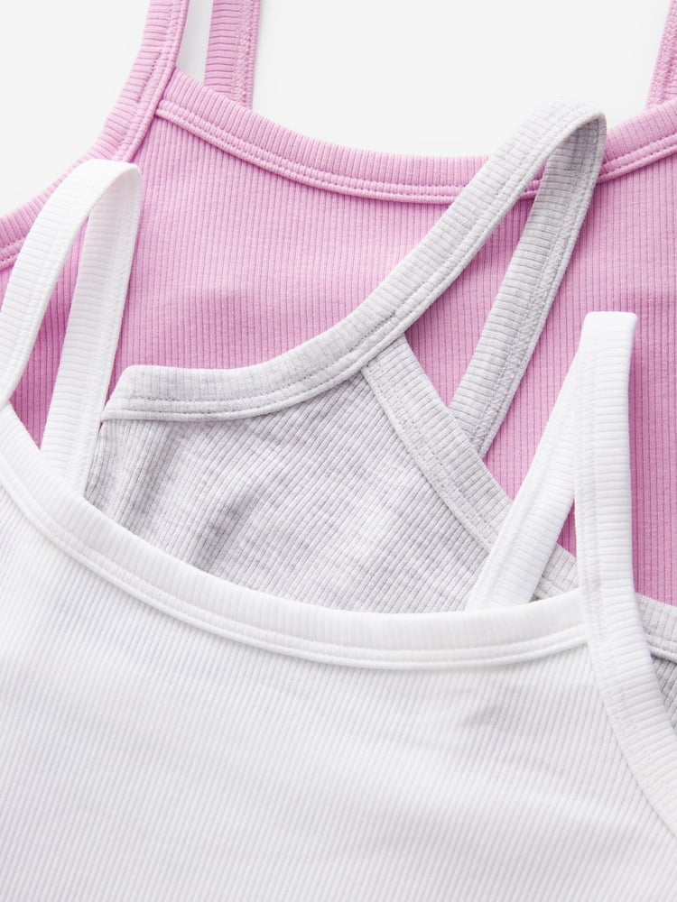 Grey/Pink/White Rib Cami Vest 3 Pack (2-16yrs) - Image 6 of 6